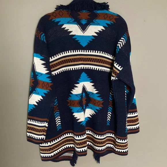 LAST ONE Cocogio Cardigan Sweater Italian Aztec Southwestern fringe Medium wool - Picture 3 of 7